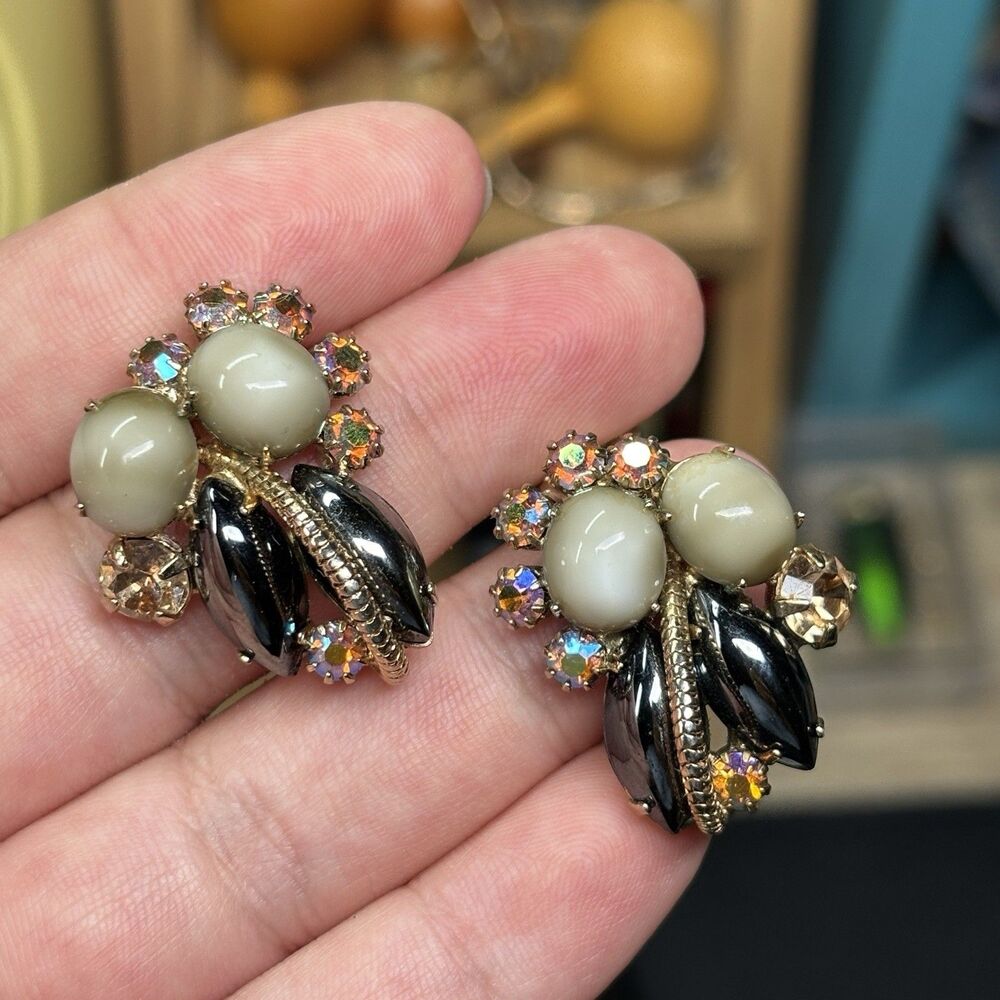 Vintage AB Rhinestone Black Navette Clip On Earrings Mid Century Glam